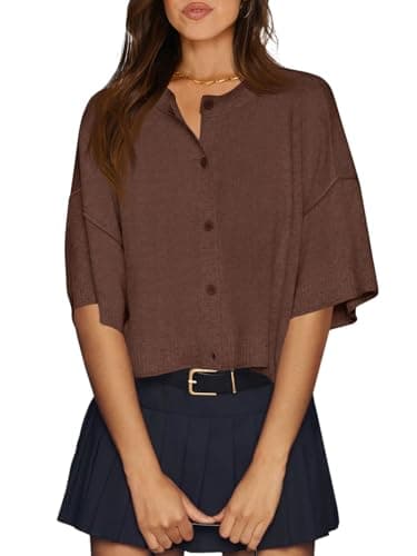 Cicy Bell Womens Half Sleeve Cardigan Sweaters Cropped Button Down Tops Oversized Lightweight Ribbed Knit Summer Outfits Coffee - Image 1