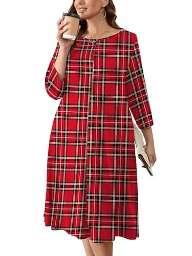 AusLook Women's Plus Midi Dresses Crew Neck A Line 3/4 Sleeves Casual Elegant Loose Flowy Wedding Guest Maternity Vacation Beach Red Plaid 2X Dress with Pockets - Image 1
