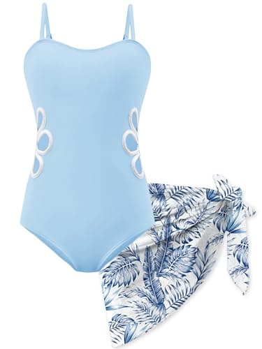 AMAWMW Girls Swimsuit Cut Out One Piece Bathing Suit with Tropical Print Cover Up Skirt Adjustable Straps Girls' Swimwear Cyan Blue - Image 1