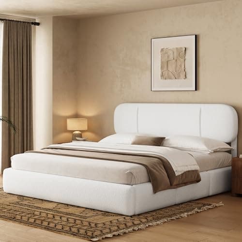 Uteeran King Size Bed Frame with Storage, Boucle Cloud Bed with 4 Locking Drawers & LED Lights, Modern Upholstered Platform Bed, Plush Sides & Footboard, Adjustable Headboard, No Box Spring, White - Image 1