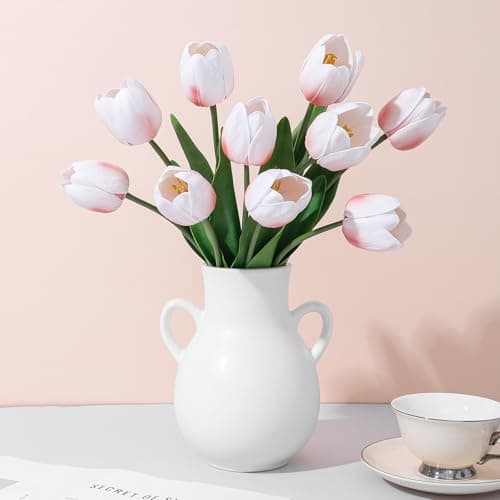 LILUYTO Blush Pink Fake Tulips,18.5" PU Artificial Tulips Flowers for Spring Easter Home Kitchen Wedding Bouquet Bulk Mother's Gift Day Decorations - Image 1