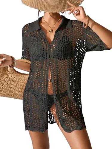 BreathSunny Womens Crochet Knit Swimsuit Coverup Caridgan Summer 2026 Polo Collar Button Front Hollow Out Mesh Swimwear Coverups Beach Swim Bikini Bathing Suit Cover Up Mini Shirt Dress Black L - Image 1