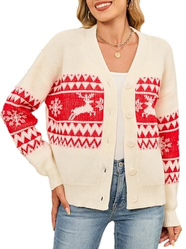 SunnyMelody Womens Christmas Funny Ugly Cardigan Sweater Winter 2025 Snowflake Santa Reindeer Tree Vacation Outfits Oversized Button Front Xmas Cardigans Apricot XL - Image 1