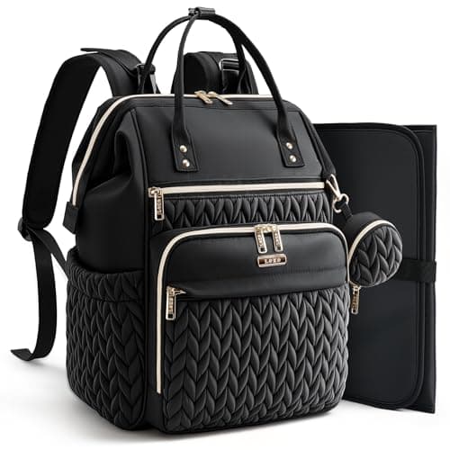 Lekesky Quilted Diaper Bag Backpack, Wide Opening Large Baby Bag for Mom Dad Maternity Baby Boy Girls, Black Travel Diaper Backpack with Changing Pad, Insulated Pockets, Pacifier Case
