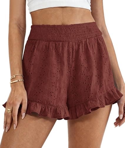 PRETTYGARDEN Shorts for Women Summer 2026 Beach Vacation Clothes Spring Elastic Waist Embroidered Ruffle Shorts with Pockets(Brick Red,XX-Large) - Image 1