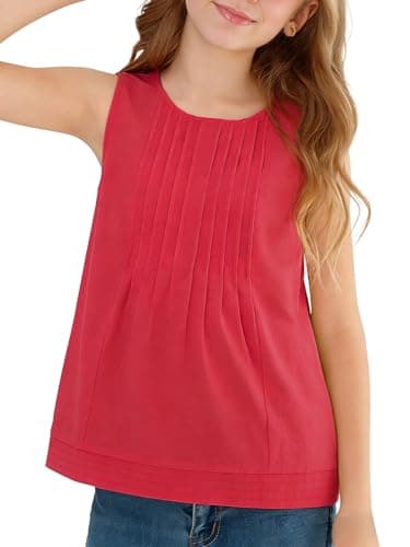 XMWEALTHY Girls Shirt Cute Summer Tops for Teens 2026 Spring Solid Red Shirt Comfy Sleeveless Round Neck Ruched Tee Tops 7-8T - Image 1