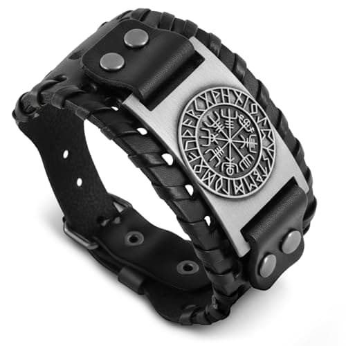 Viking Bracelet for Men – Leather Norse Bracelet for Men with Adjustable Strap, Vegvisir Cuff, Zinc Alloy Amulet, Nordic Symbol – Viking Jewelry, Handmade Scandinavian Style | Thoughtful Gift for Him