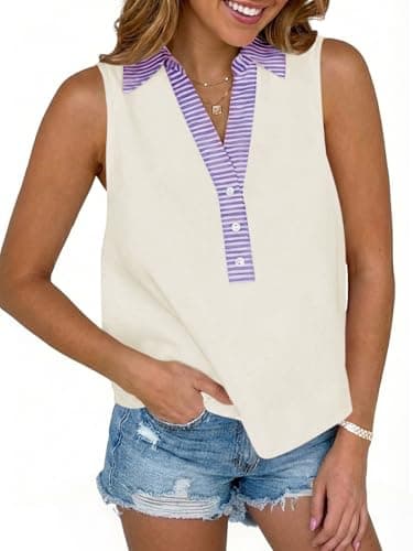 Tankaneo Womens V Neck Cropped Tank Tops Summer Dressy Casual Loose Fit Sleeveless Shirts Button Up Color Block Tees Beige - Image 1