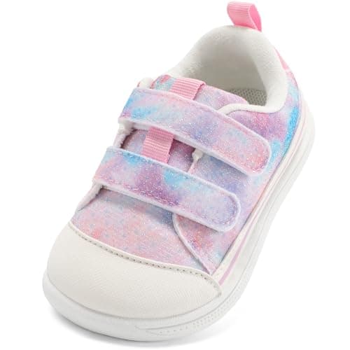 noorkiz Toddler Wide Toe Box Barefoot Shoes Glitter Girls Sneakers Lightweight Fashion Kids First Walking Shoe for School Preschool Activities Tie-Dye Pink Toddler Size 10 - Image 1
