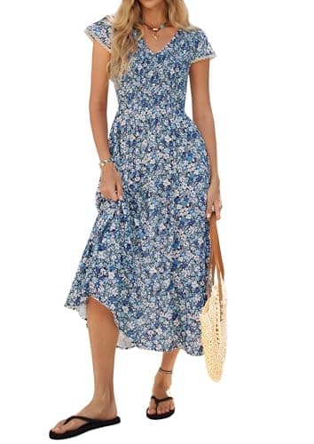 Maxi Beach Dresses for Women,Casual V Neck Short Sleeve Boho Summer Dresses, Floral Long Flowy Vacation Travel Cruise Outfits - Image 1