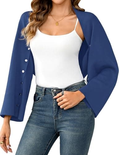 Totatuit Womens Cropped Cardigan Shrug 2-in-1 Open Front Sweater with Button Long Sleeves Y2K Knit Wrap Shawl Denim Blue - Image 1