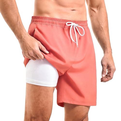 CADITEX Mens Swim Trunks 2 in 1 with Compression Liner 7 Inch with Pockets Board Shorts Pink XL - Image 1