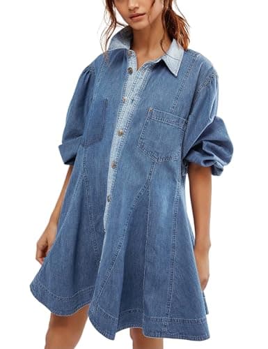 Gozoloma Women's Denim Dress Long Balloon Sleeves Button Down A Line Swing Ruffle Jean Mini Babydoll Dress with Chest Pocket(DarkBlue-Small) - Image 1