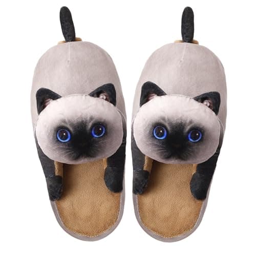 Openhahaha Cat Slippers for Women, Cute Fuzzy Animal Slippers For Indoor and Outdoor, Comfy Non-Slip Memory Foam Sole, Funny Cat Lover Gifts for Women (Siamese Cat) - Image 1