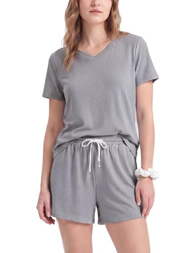PATPAT Womens Pajama Set 2 Piece Ribbed Knit Soft Lounge Set with Pockets Short Sleeve Top and Shorts Summer Sleepwear Outfit Grey, L - Image 1