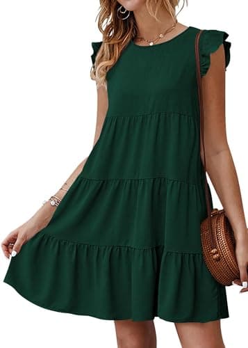 KIRUNDO Women's Summer Mini Dress Sleeveless Ruffle Sleeve Round Neck Solid Color Loose Fit Short Flowy Pleated Dresses(Dark Green, X-Large) - Image 1