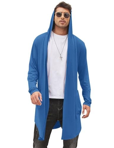 COOFANDY Men's Long Hooded Cardigan Shawl Collar Lightweight Open Front Drape Cape Overcoat Blue XL - Image 1