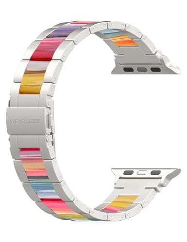 Wearlizer Compatible with Apple Watch Band 42/44/45/46/49mm Fashion Wristband Women, Stainless Steel+Resin Metal Replacement for iWatch Series 11 10 9 8 7 6 5 4 3 SE/Ultra 3 2 1-Starlight+Rainbow - Image 1