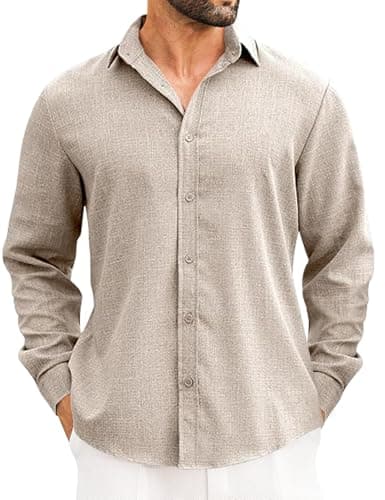 LETSEE Men's Linen Blend Button Down Shirt – Lightweight Long Sleeve Casual Shirt for Beach, Vacation & Wedding Stone - Image 1