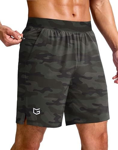 G Gradual Men's Athletic Running Shorts 7"/5"/9" Zipper Pocket Lightweight Workout Gym Quick Dry Shorts Basketball Hiking, 7", Green Camo, Medium