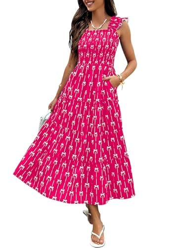ECOWISH Women's Summer Maxi Dresses - 2026 Sleeveless Square Neck Smocked Ruffle High Waist Flowy Tiered Boho Beach Sundress Rose Red Small - Image 1