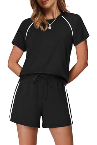 2 Piece for Women Two piece Lounge Set Vacation Summer Outfits Short Sets Women Travel Clothes 2026 Matching Sets Sweatsuits Airport Outfits Cruise Wear Fashion Clothing Pajama Set Spring Black M - Image 1