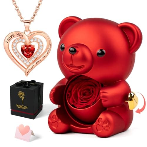 mountova Romantic Teddy Bear with Preserved Rose, Real Rose in Elegant Gift Box with Necklace for Women, Bear Roses Gifts for Mother's Day,Weddings,Valentine's Day,Anniversary,Birthday, Red - Image 1
