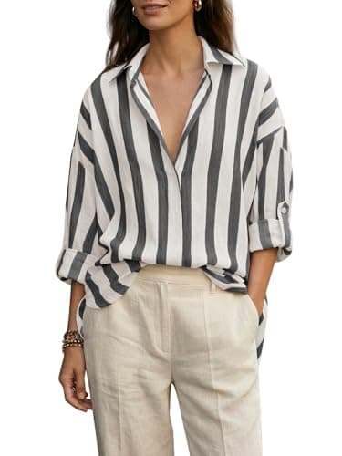 Allison Jennie Women's Boho Vertical Striped Oversized Shirt V-Neck Blouse Lightweight Beach Vacation Top Long Sleeve for Summer (03-Black,XXL)