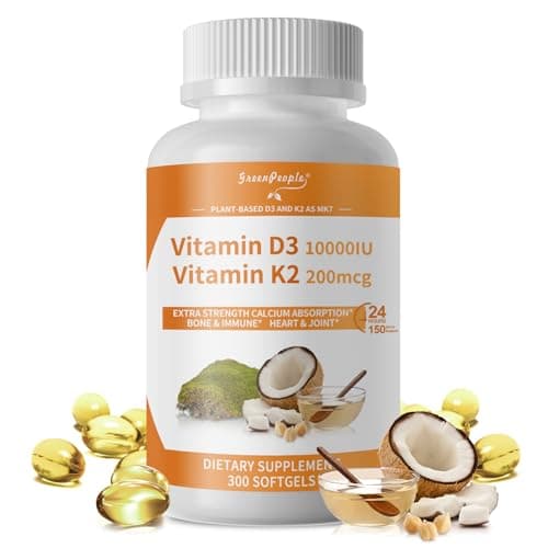 GREENPEOPLE K2 D3 Vitamin Supplement, Vitamin D-3 & K-2 MK-7, 10,000 IU/200 mcg, with Virgin Non-GMO Coconut MCT Oil | 300 Vegan Softgels | Bone Health, Immune Support - Image 1