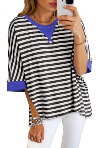 Dokotoo Womens Tops 2025 Summer Fashion Trendy T Shirts Short Sleeve Crew Neck Color Block Casual Business Womens Striped Blouses Loose Basic Tee Shirts - Image 1