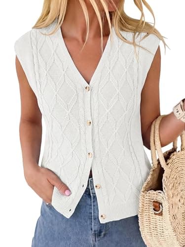 BTFBM Vest Tops for Women Summer V Neck Button Loose Lightweight Cardigan Knit Sleeveless Sweater Vests Fashion Clothing(White, X-Large) - Image 1