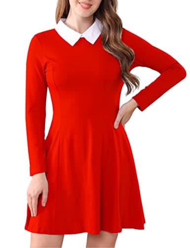 Aphratti Women's Long Sleeve Fall Dresses 2025 Casual Peter Pan Collar A Line Fit and Flare Skater Goth Dress Red Small - Image 1