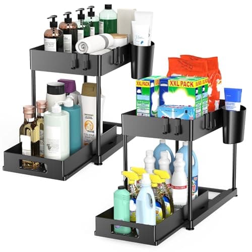 2 Pack Under Sink Organizer with Pull-Out Drawer, 2-Tier Cabinet Storage for Kitchen & Bathroom, Tool-Free Assembly, Fits Cleaning Supplies & Toiletries, Space Saving for Small Cabinets, Black - Image 1