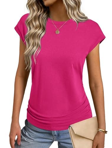 GKBK Womens T Shirts O Neck Short Cap Sleeve Cotton Tops Summer Ruched Trendy Basic Tee Shirt Rose Red XXL - Image 1