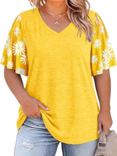 HDLTE Women Plus Size Tops Bell Sleeves Floral Print Shirt Casual Plus Size Blouse (Yellow, 4X) - Image 1