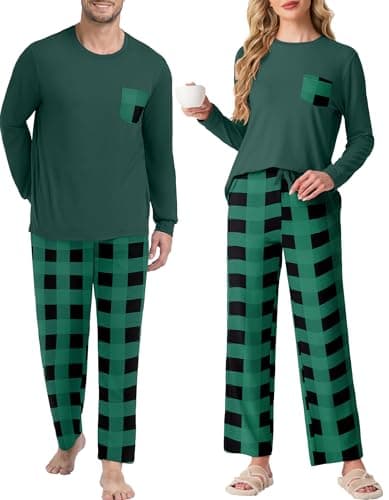 PrinStory Womens Pajama Sets Sleepwear Pjs Lightweight Long Sleeve Crewneck Shirts and Bottoms Soft Sleep Sets Green Grid 2XL - Image 1
