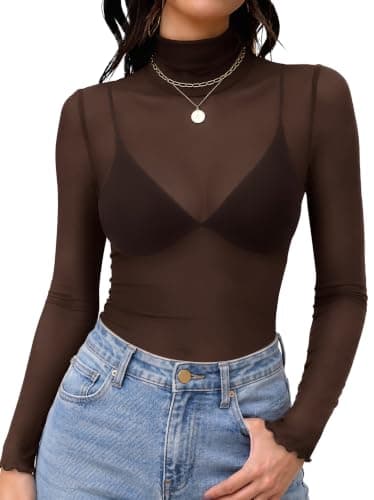 OFEEFAN Women's Solid Color Sheer Mesh Elastic Tight Fitting Long Sleeve Tops Semi-Transparent Undershirt Business Casual Streetwear Elegant Office Wear Chocolate Brown Coffee S - Image 1