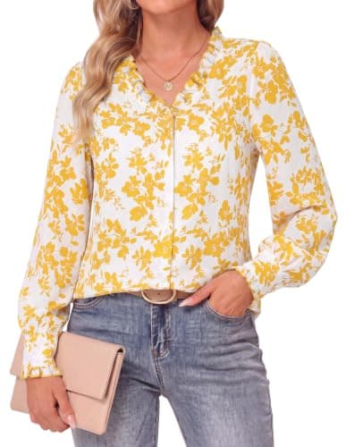 GRACE KARIN Women’s Boho Floral Tops, 2026 Fall Button Down Long Sleeve Blouses, Dressy Casual V Neck Work Trendy Shirts Yellow White Floral XXL - Image 1