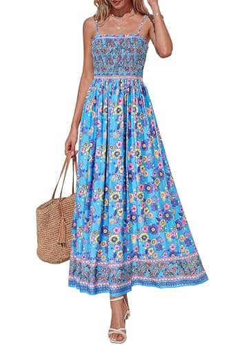 PRETTYGARDEN Womens Floral Maxi Dress Boho Casual 2026 Summer Spaghetti Strap Smocked Sleeveless Flowy Beach Vacation Dresses (Sky Blue,Small) - Image 1