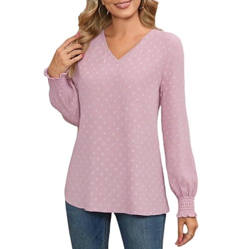 GAMISS Long Sleeve Tops for Women Knit Shirt Swiss Dot Sleeve Tops Casual Blouse Pink, XL - Image 1