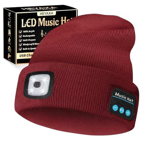 HEYAXA Bluetooth Beanie Hat, USB Rechargeable 4 LED Wireless Music Running Headlamp Cap, Fathers Day Dad Gifts for Husband, Dad, Birthday Gifts for Men, Dad, Father, Women, Him, Her, Red - Image 1