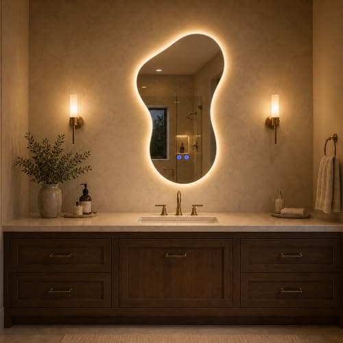 Irregular Led Bathroom Mirror with Lights 20x32 Inch, Backlit Asymmetrical Led Bathroom Mirror for Wall, Lighted Vanity Mirror with Lights, Anti-Fog, Dimmable 3 Colors, Shatter-Resistant - Image 1