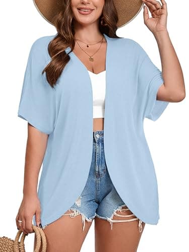 AusLook Women's Plus Size Short Sleeve Lightweight Open Front Cardigan Light Blue 3X Cover Ups Shrugs Shawls and Wraps Kimono Jacket Coat - Image 1