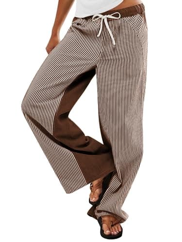 PEIHOT Low Rise Striped Pants for Women Baggy Wide Leg Jeans Trendy 2026 Pull On Drawstring Lounge Casual Sweatpants Coffee XXL - Image 1