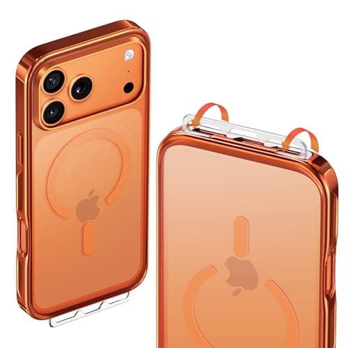 CASEKOO Linkoo 1st Magnetic iPhone 17 Pro Max Phone Case with Strap, Built-in Foldable Hidden Tab, Anti-Fall Lanyard, Aluminum Alloy Lens Protection, Tether Case, Hiking Daily Commute, Glossy Orange - Image 1