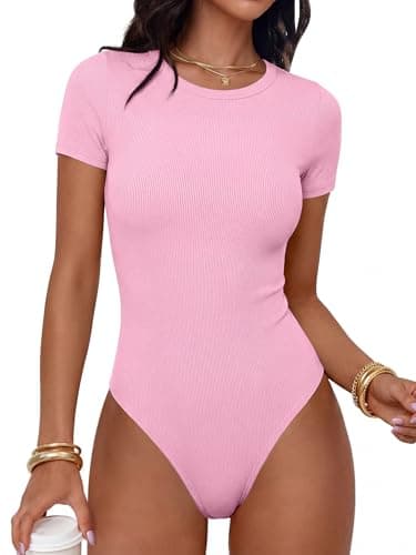 ANRABESS Women's Short Sleeve Bodysuit, Crew Neck Slim Fit Ribbed Knit Tops, Trendy 2026 Outfits, Versatile for Daily Wear Pink Medium
