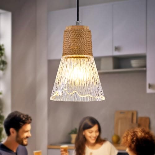 Dalouguan Pendant Light with Clear Striped Glass Lampshade, Hemp Rope Woven Vintage Pendant Light, Adjustable Height Hanging Chandelier Light for Dining Room Kitchen Hallway