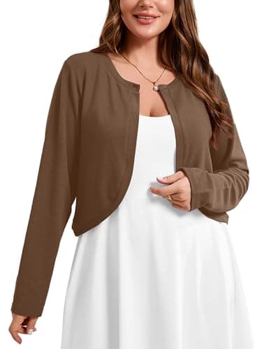AusLook Plus Size Women Shrugs Long Sleeve Coffee 1X Open Front Cardigan Knit Lightweight Coat Cropped Bolero Tops Shawls and Wraps Dressy Sweater - Image 1