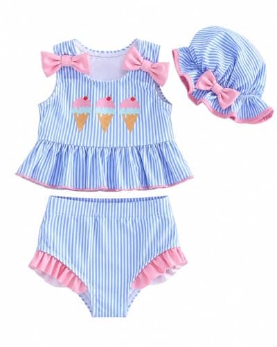 DivingBirds Baby Girl Swimsuit with Sun Hat, Toddler Girl 2-Piece Tankini Bathing Suit, Summer Beach Swimwear, Blue Stripe, 3-6 Months - Image 1