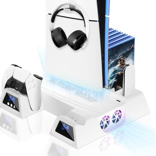 LENISUOLE PS5/Slim/Pro Stand and Cooling Station, with 3 Level Cooler Fan for PlayStation 5 Disc Digital Console, LED Dual Controller Charging Station, Headset Holder, Game Slot White - Image 1